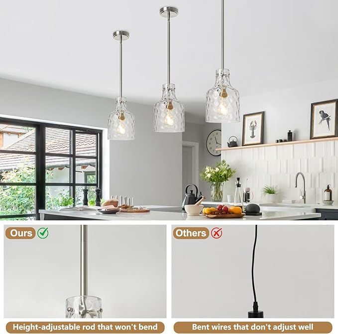 WILON Modern Glass Pendant Lighting for Kitchen Island, Farmhouse Pendant Lights for Dining Room Kitchen Sink, Adjustable Hanging Ceiling Light 7" Hammered Glass Shade, Brushed Nickel Metal Finish