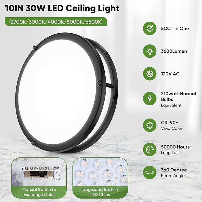 30W Flush Mount Ceiling Lights Black, 10inch LED Ceiling Light Fixtures 3600lm Super Bright, 2700K/3000K/4000K/5000K/6500K Adjustable Ceiling Lights, Dimmable Ceiling Lamps for Kitchen Bedroom, 2Pack