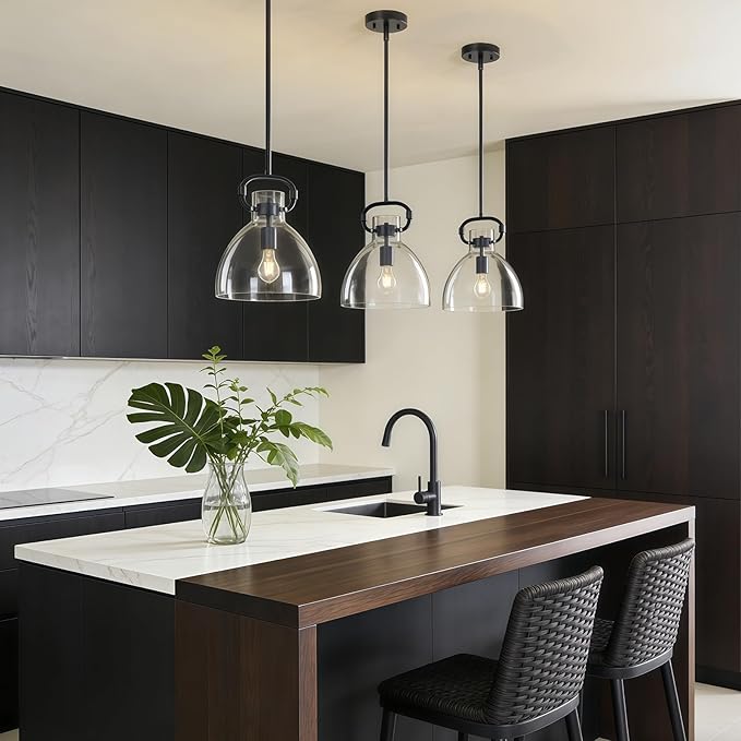 9.8'' Farmhouse Glass Pendant Lights Kitchen Island, 1-Light Modern Black Kitchen Island Lighting, Pendant Light Fixtures for Dining Room Bedroom Over Table, E26