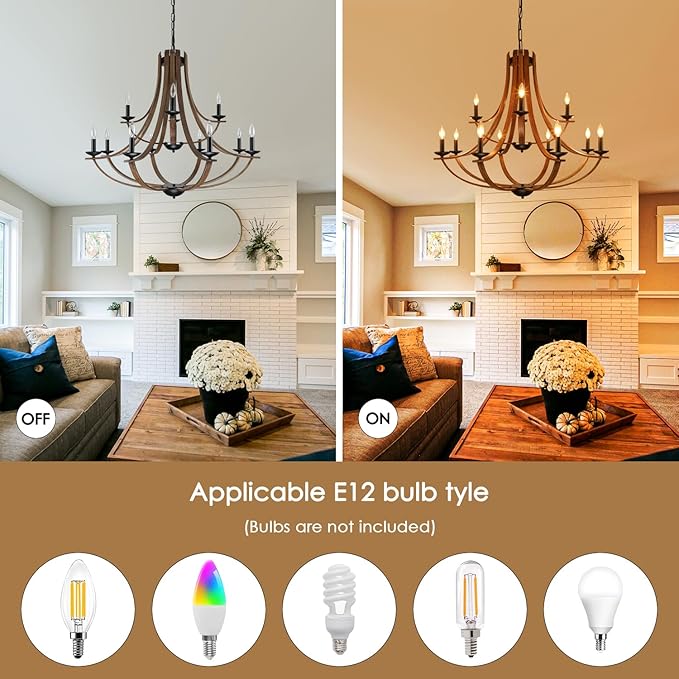 LAMPKEDUO Farmhouse Chandeliers for Dining Room Light Fixture, 2 Tier 12-Light 41" Adjustable Height Retro Faux Wood Texture Rustic Light Fixtures for Living Room Bedroom Foyer Entryway