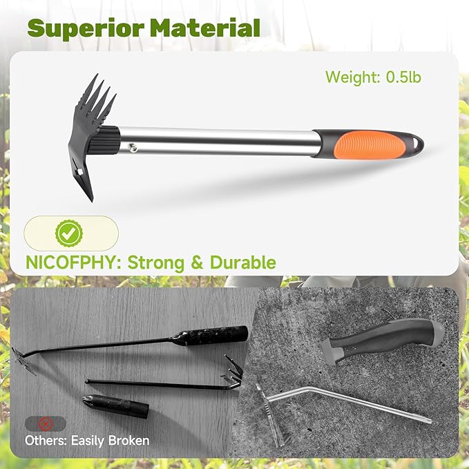 60" Weed Puller Tool with Long Handle and 17" Weeding Tools Gardening Set, Dual Side Hand Weed Rake and Hoe Garden Weeder, Uprooting Weed Pulling Remover Tool for Yard, Patio, Lawn and Garden Planting