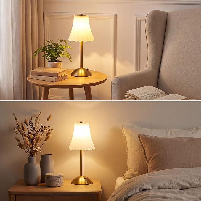 Liliful 2 Pcs Cordless Table Lamp Rechargeable Touch LED Small Gold Portable Battery Operated USB-c Desk Lamp 3 Color Dimmable for Bedroom Living Room Dining (Gold,Frosted Rose Style)