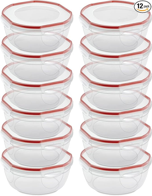 Sterilite Ultra-Seal 4.7 Qt Bowl, Large Airtight Food Storage Container, Latching Lid, Microwave and Dishwasher Safe, Clear with Red Gasket, 12-Pack