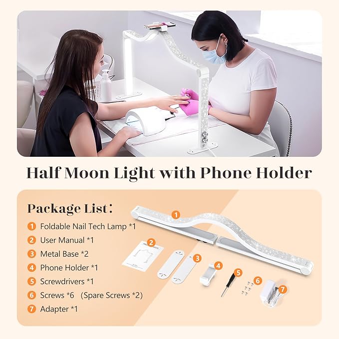 Yokilly Arc Half Moon Light: 34" Shadow-Free Half Moon Light for Desk Salon - Foldable LED Desk Lamp with Stepless Brightness for Manicurist (White)