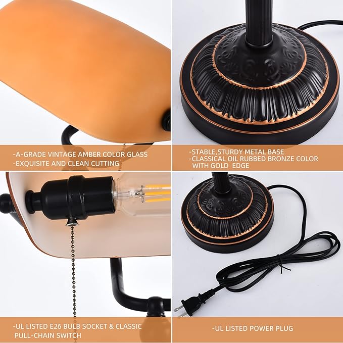 Bankers Desk Lamp with USB-A Port, Rustic Desk Lamp Pull Chain with Yellow Glass Shade, Vintage Banker's Desk Lamp Oil Rubbed Bronze for Home Office Library