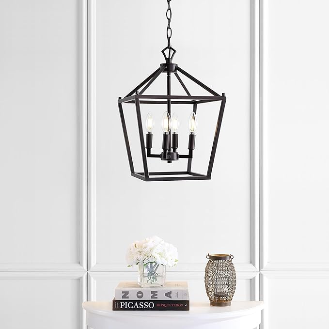 JONATHAN Y 12" Oil Rubbed Bronze Lantern Pendant Light, 4-Light Pagoda Style Metal Cage Farmhouse Hanging Ceiling Fixture for Kitchen Island, LED Bulb Included (JYL7436A)