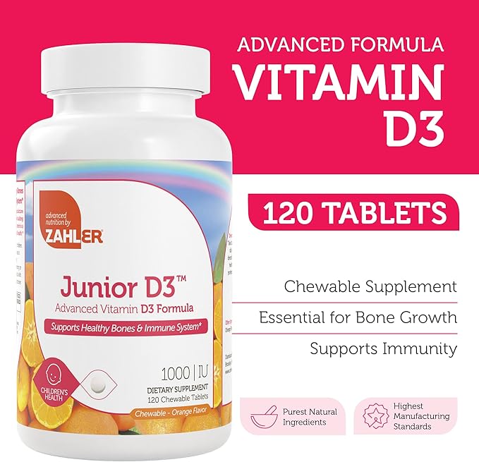 Zahler Junior Vitamines D3 1000 UI - pour Enfants - Vitamine D pour Enfants pour Soutenir la Santé des Os, des Dents et du Système Immunitaire - Saveur Orange Casher - 120 Comprimés.