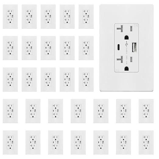 TOPGREENER USB Outlet, 4.2A Type C & Type A USB Wall Outlet, 20 Amp Tamper-Resistant USB Outlets Receptacles, Wall Plate Included, UL Listed, TU22036AC-WWP-30PCS, White, 30 Pack