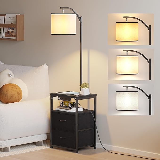 SUNMORY Floor Lamp with Table & 2 Drawers, Lamp with USB Port and Outlet, Lamps for Nightstand with 3 Color Temperature Led Bulb Included, Floor Lamps for Living Room, Bedroom and Home Office, Black