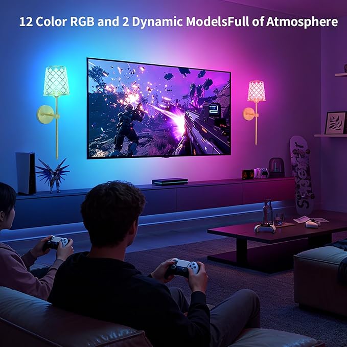 Crystal Battery Operated Wall Sconces Set of 2, Gold Rechargeable Wireless Wall Sconce Lights for Home Decor, Dimmable 12 RGB and 3CCT Wall Lamps with Remote for Living Room Bedroom Hallway