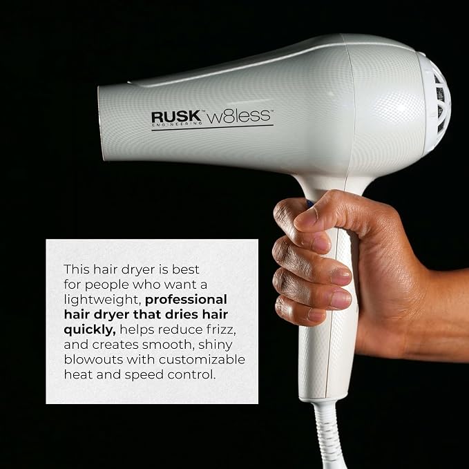 RUSK W8less 2000 Watt Ionic Hair Dryer - Ceramic Tourmaline Technology - Lightweight, Professional Blow Dryer for Fast Drying & Frizz Control (1 ct)
