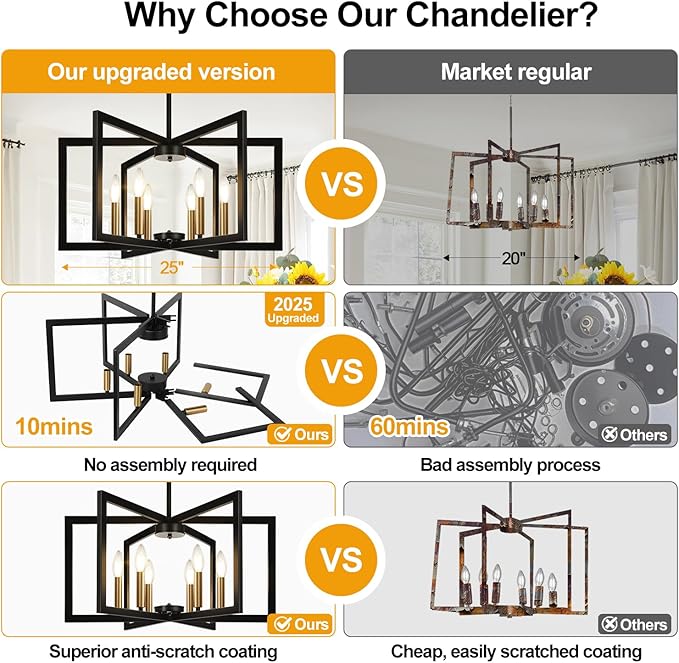25"-61" Height Adjustable Modern Black and Gold Chandelier for Dining Room, No Assembly Required Dining Room Light Fixture Over Table, Industrial Metal Pendant Lights Fixture for Kitchen Island