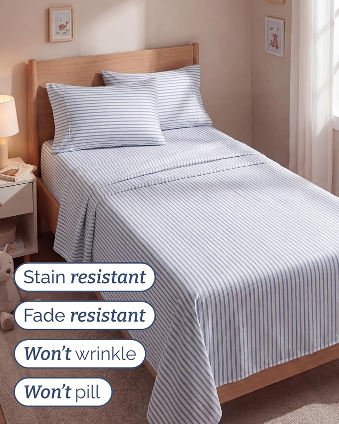 Twin 4 Piece Sheet Set - Comfy Breathable & Cooling - Soft Hotel Luxury Bedding Set with 8-16 Inch Deep Pockets - 1 Flat & 1 Fitted Sheet & 2 Pillowcases - Wrinkle Free & Easy Care - Blue Stripes 2