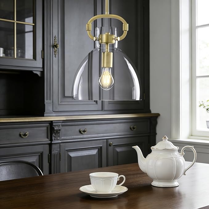 9.8'' Modern Pendant Lights for Kitchen Island, 1-Light Gold Glass Pendant Lighting, Adjustable Brass Hanging Pendant Lights Fixtures for Dining Rooms, Bathroom E26