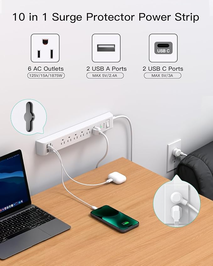 2 Pack Power Strip, Extension Cord 15FT, Surge Protector with 6 Outlets and 4 USB Ports (2 USB C), Flat Plug Overload Protection, Extension Cord with Multiple Outlets, Wall Mount for Home Dorm College