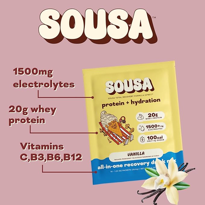 Sousa Protein + Hydration Total Recovery Formula, 20g Protein, 1500mg Electrolytes, Vitamins C, B3, B6, B12, 14 Servings (Vanilla)