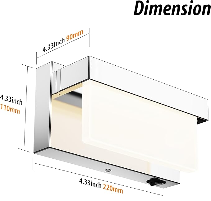 Wall Sconce Chrome Wall Light with On/Off Switch 8 inch LED Wall Lamp Acrylic Lampshade 4000K Sconce Wall Lighting