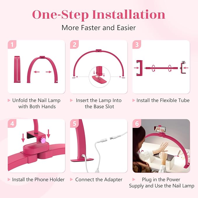 Yokilly Half Moon Light for Nail Desk: 29" Foldable Half Moon Desk Lamp with Phone Holder for Beginner - Arch Nail Tech Light with 3 Color Modes & 10 Brightness for Manicure Salon (Rose Red, Large)