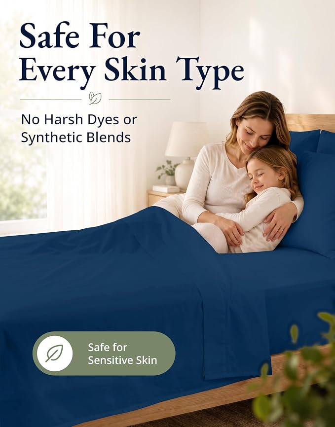 LANE LINEN Twin XL Fitted Sheet, 100% Organic Cotton 2-Piece Set (1 Fitted Sheet, 1 Pillowcase), Percale Weave, Bottom Sheet, Soft, Breathable, Fits Mattress Upto 15" Deep - Navy (No Flat Sheet)