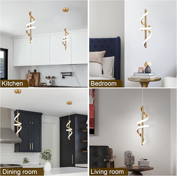 Spiral Led Pendant Light Fixtures, 5500K Gold Modern Led Pendant Lamp Kitchen Island, Adjustable Height Kitchen Island Lights Fixtures for Kitchen Island Dining Room Bedroom Sink, 3 Packs
