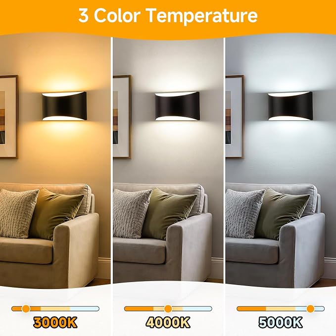 MATAMEYE Modern LED Wall Sconce Set of 2, Large Matte Black Indoor Wall Lighting Fixture with 3 Colors Temperatures, 10W Up/Down Hardwired Wall Mount Lamp for Bedroom Living Room