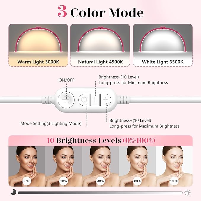Yokilly Half Moon Light for Nail Desk: 29" Foldable Half Moon Desk Lamp with Phone Holder for Beginner - Arch Nail Tech Light with 3 Color Modes & 10 Brightness for Manicure Salon (Rose Red, Large)