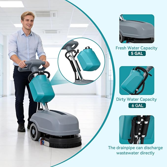 15" Walk Behind Floor Scrubber Machine, 23" Squeegee, 6 Gal Dirty Water Tank Capacity, Floor Scrubber with Brushes, Hard Floor Scrubbers for Office Cafe Boutique Clinic Commercial Tight Space