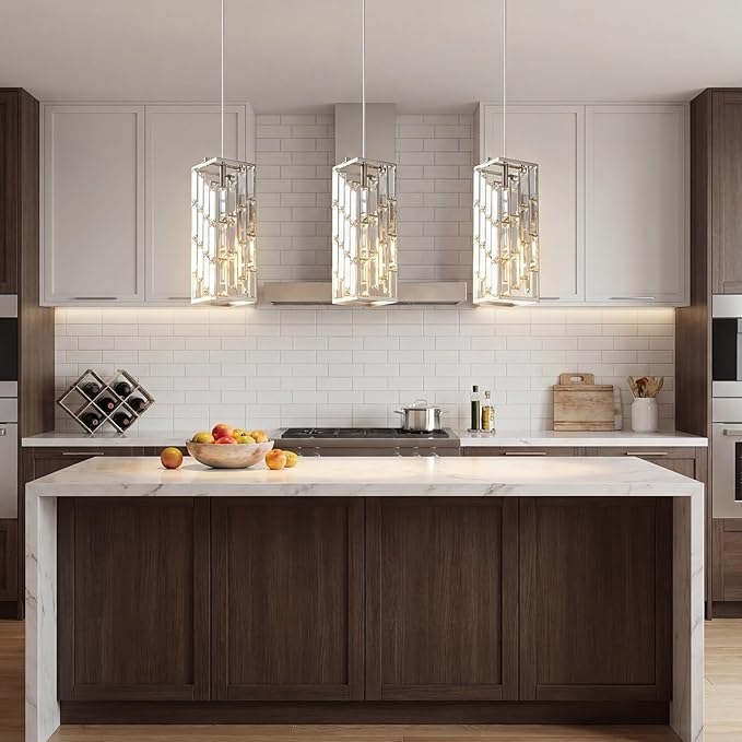 Brushed Nickel Pendant Lighting Modern Pendant Light, Mini Crystal Chandeliers, Adjustable Pendant Light Fixture for Kitchen Island Dinning Room Bedroom (3 Pack)