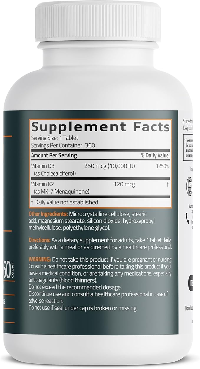 Bronson Vitamin K2 (MK7) with D3 Supplement Extra Strength 2 in 1 Support, 10,000 IU Vitamin D3 & 120 mcg K2 MK-7, 360 Tablets