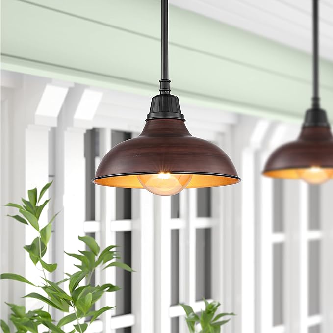 JONATHAN Y 12.25" Wood Finish/Copper Farmhouse Indoor/Outdoor LED Pendant Iron Hanging Light, and Black 1-Light Metal Shade, Rustic Ceiling Lamp for Kitchen Island, LED Bulb Included (JYL7611G)