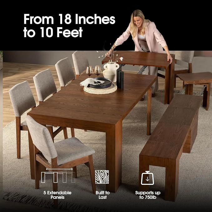 Transformer Table - Solid Wood Extendable Dining Table, Seats 2-12, Expandable Dining Room Table, Space-Saving Furniture, Kitchen and Dining Room Furniture (Brown, Table + Bench)