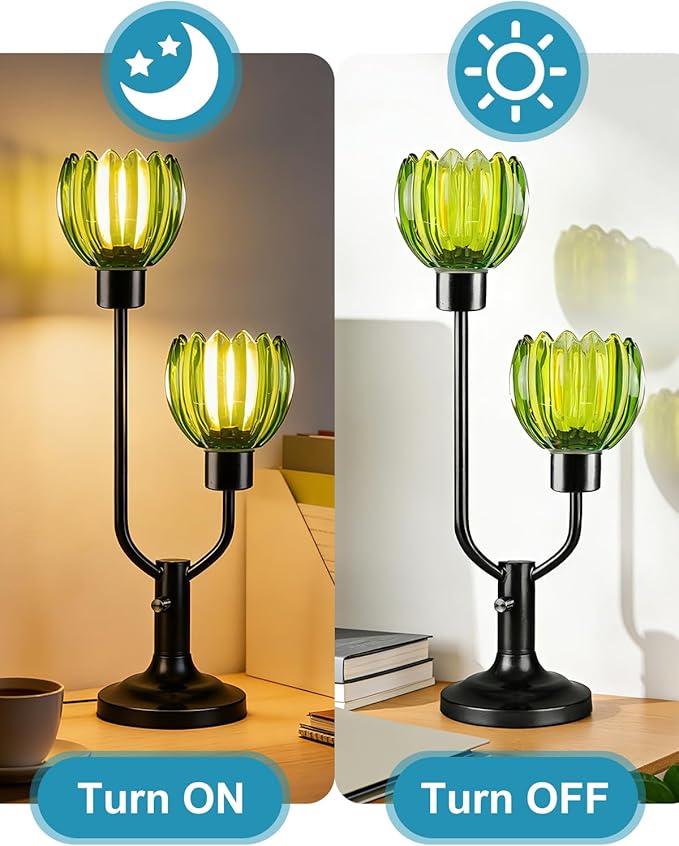 Lightdot Green Glass Flower Table Lamp for Living Room Dimmable Nightstand Lamp Mid Century Modern Vintage Black Desk Lamp 2 Bulbs Included Warmwhite Ambient Bedside Lamp for Bedroom Home Office Decor