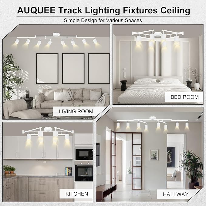 AUQUEE 8 Light Track Lighting Fixtures Ceiling, Matte White Kichen Track Lighting Fixtures, Rotatable Light Heads, Adjustable Modern LED Track Lights for Kitchen/Hallway, No GU10 Bulb