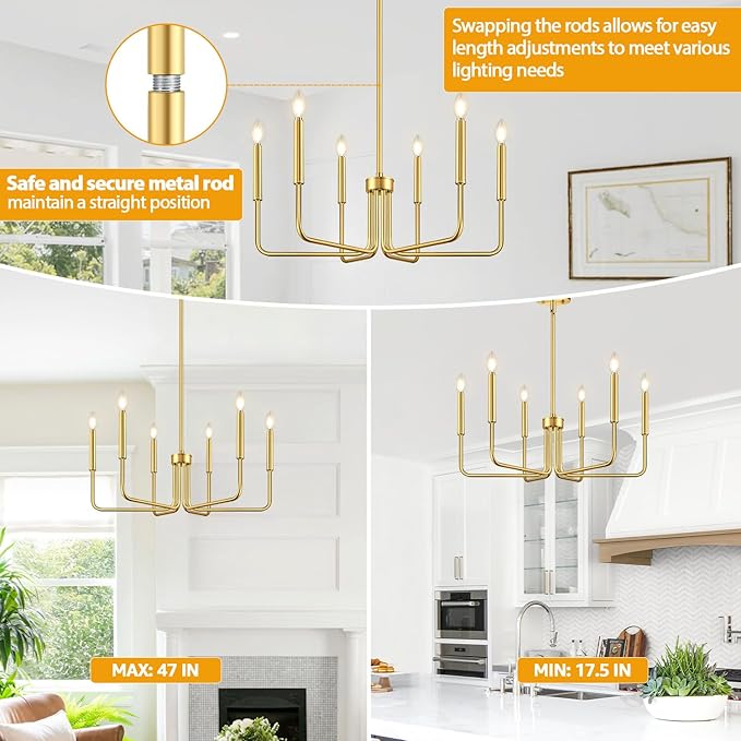 Brass Gold Chandelier, 6-Light Chandelier Light Fixture Farmhouse Chandeliers for Dining Room, Vintage Candle Pendant Light Fixtures Chandelier for Bedroom, Kitchen, Foyer, Entryway and Living Room