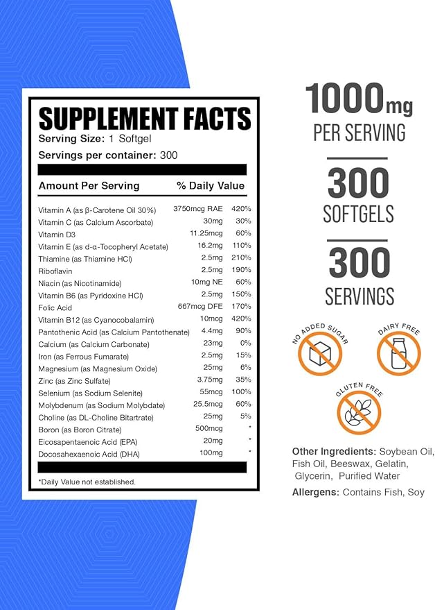 BulkSupplements.com マルチビタミン 男性向け 50歳以上 ソフトジェル - 男性向け毎日ビタミン、マルチミネラルサプリメント - フィッシュオイル配合コンプリートマルチビタミン - 1回あたり1ソフトジェル、300カウント (1個パック)