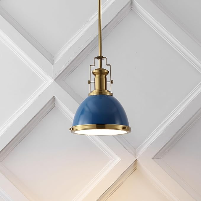 JONATHAN Y JYL9535G 10" Modern Industrial Dome Pendant Light, Farmhouse Hanging Light Fixture in Navy and Brass Gold, Adjustable Height Metal Lighting for Kitchen Island, Dining Room, Entryway