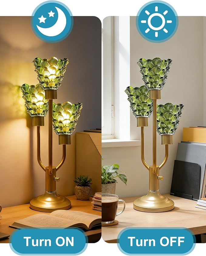Mid Century Modern Vintage Table Lamp Dimmable Nightstand Lamp with Green Glass Gold Desk Lamp 3 Bulbs Included Warmwhite Ambient Bedside Lamps for Bedroom Living Room Office Home Decor