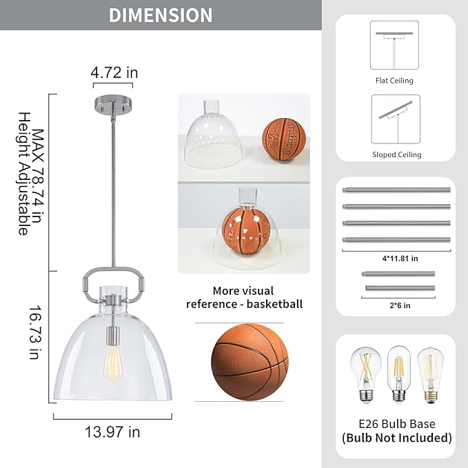 Large Pendant Lights Kitchen Island, 14'' Brushed Nickel Pendant Lights Fixture with Clear Glass Shade, 1-Light Modern Glass Kitchen Island Lighting for Dining Room Bedroom Over Table, E26