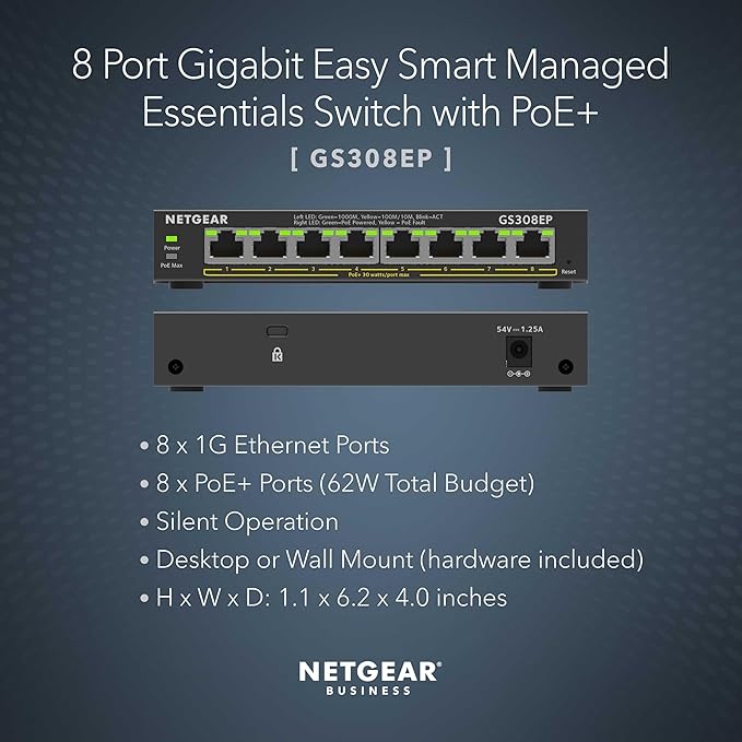 NETGEAR 8 Port PoE Gigabit Ethernet Easy Smart Managed Essentials Switch (GS308EP) - with 8 x PoE+ @ 62W,Desktop or Wall Mount,(Pack of 6)