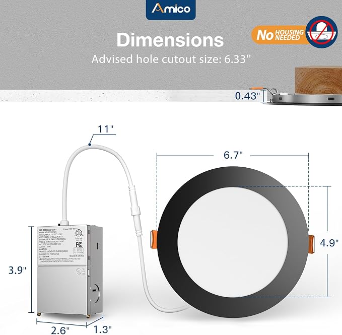 Amico 24 Pack Black 6 Inch 5CCT Ultra-Thin LED Recessed Ceiling Light with Junction Box, 2700K-5000K Selectable, 1050 Lumens, Dimmable Canless Wafer Downlight, 12W Eqv 110W-ETL&FCC