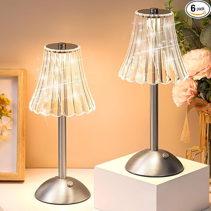 Liliful 6 Pcs Cordless Table Lamp Rechargeable Touch LED Small Gold Portable Battery Operated USB-c Desk Lamp 3 Color Dimmable for Bedroom Living Room Dining (Silver,Rose Style)