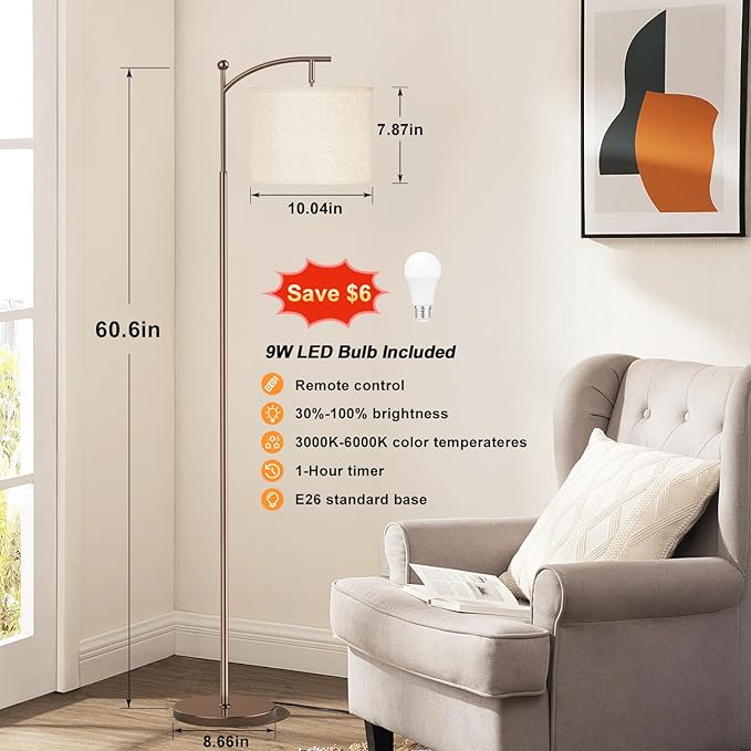 Ambimall 60" Floor Lamp with Remote Control and Stepless Dimmable Bulb, Colors Temperature & Brightness Adjustable, Modern Floor Lamps for Living Room, Deep Beige Shade & Brown Pole