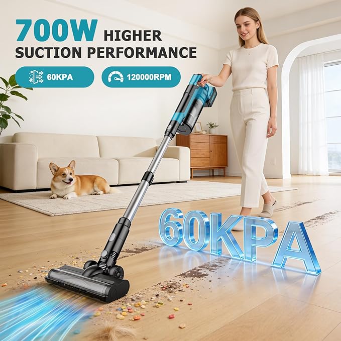 700W Cordless Vacuum Cleaner, 60kPa Portable Stick Vacuum with 3 Modes, 2 * 4.0Ah, 6 in 1 Brushless Motor for Floor, Carpet, Car, Teal and Black