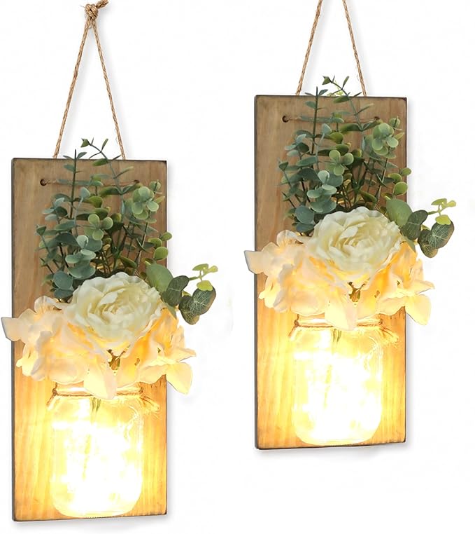 Wall Hangings for Living Room, Rustic Home Decor, Farmhouse Bedroom Decor, Wall Decor Living Room with Led Fairy Lights & Rose Flowers, Wall Art Set of 2, XL Jacobean