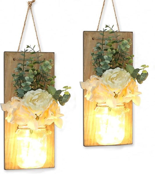 Wall Hangings for Living Room, Rustic Home Decor, Farmhouse Bedroom Decor, Wall Decor Living Room with Led Fairy Lights & Rose Flowers, Wall Art Set of 2, XL Jacobean