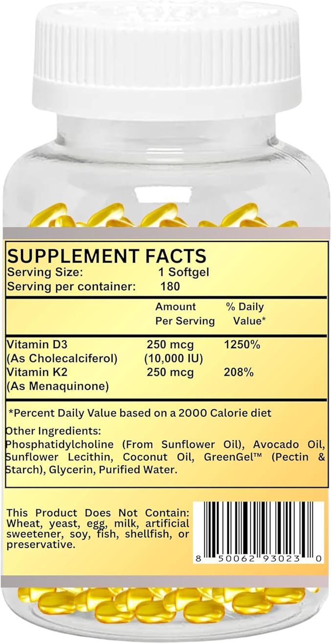 Nikoni Vitamine D3 Liposomale 10000 UI, Vitamine K2 (MK-7) 250 mcg, Infusée à l'Huile de Coco et d'Avocat, Facile à Avaler, Soutient l'Absorption du Calcium, la Santé des Os, 180 Gélules Molles Végétaliennes