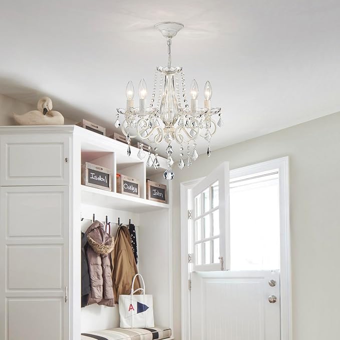ANJIADENGSHI Small Crystal Chandelier, Modern White Chandelier Dining Room Light Fixture, Mini Crystal Pendant Light for Bedroom Ceiling Light Fixture for Living Room Entryway Kitchen Island Hallway