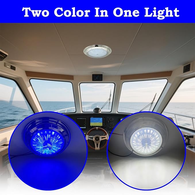 Marine Boat Dome Light, Dual Color 5.5" 12V LED Interior Cabin Lights with Toggle Switch, Stainless Steel Surface Mount (White|Blue)