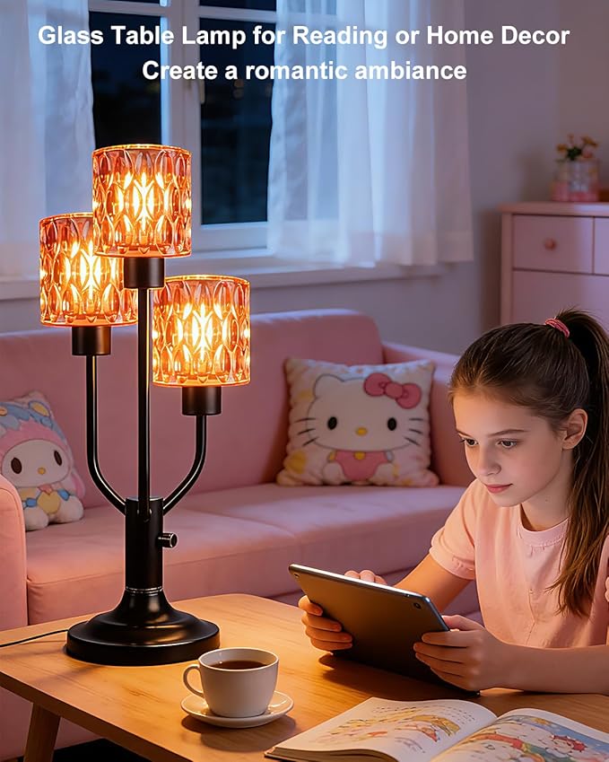 Mid Century Modern Table Lamp for Living Room Dimmable Nightstand Lamp Black Vintage Desk Lamp with Red Glass 3 Bulbs Included Warmwhite Ambient Bedside Lamps for Bedroom Office Home Decor