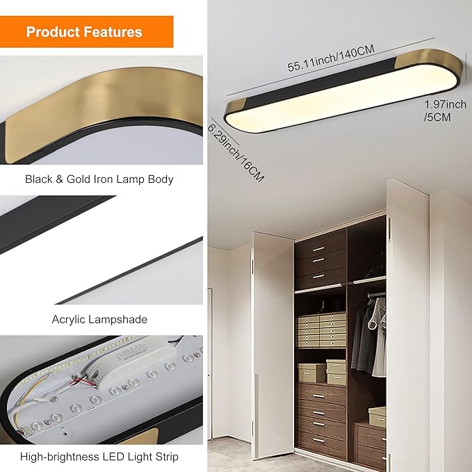 Qcyuui 4.59FT LED Flush Mount Kitchen Light Fixtures 65W Dimmable Flush Mount Ceiling Light Fixture Black and Gold Led Ceiling Light Linear LED Ceiling Lamp for Laundry Shop Garage Office
